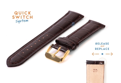 Quick Switch Uhrenarmband 20mm Leder dunkelbraun - Dornschließe gold