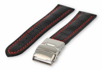 Uhrenarmband mit Faltschließe 20mm schwarzes Leder mit roten Nähten