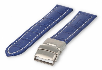 Uhrenarmband mit Faltschließe 22mm königsblaues Leder mit weißen Nähten