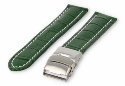 Uhrenarmband mit Faltschließe 24mm grünes Leder mit weißen Nähten
