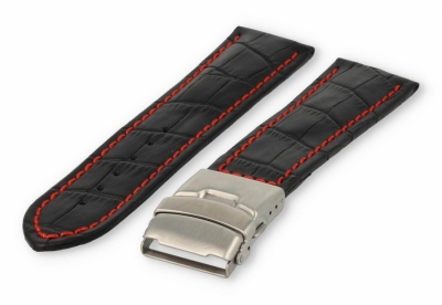 Uhrenarmband mit Faltschließe 26mm schwarzes Leder mit roten Nähten