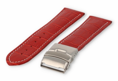 Uhrenarmband mit Faltschließe 26mm rotes Leder mit weißen Nähten